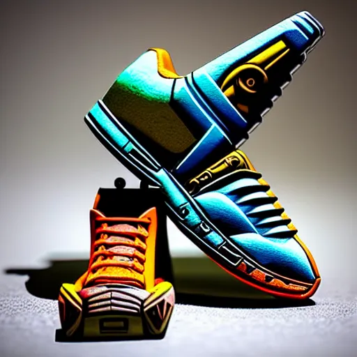 Prompt: realistic scultpure of sneaker! design, sneaker design overwatch fantasy style mixed with aztec mayan native street fashion, focus on sneakers only, shoes designed by akira toriyama and studio ghibli