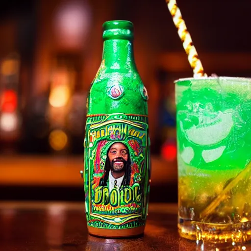 Image similar to a closeup photorealistic photograph of happy snoop dogg at trader vic's bar presenting a trader vic's tiki mug that features the face of snoop dogg. brightly lit scene. this 4 k hd image is trending on artstation, featured on behance, well - rendered, extra crisp, features intricate detail, epic composition and the style of unreal engine.