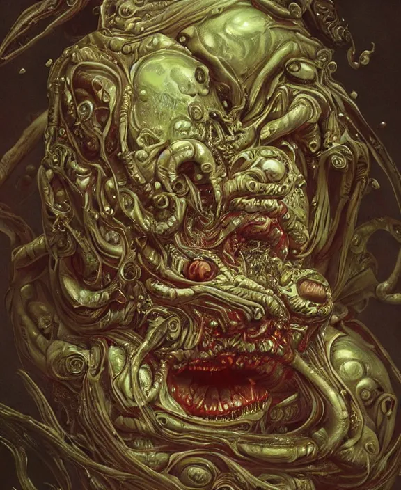 Image similar to portrait of a bloodied intricate ornate filigreed slime dripping genderless insect alien monster, muscles, rippling, space warping and twisting, ultra realistic, concept art, intricate details, eerie, highly detailed, photorealistic, octane render, 8 k, unreal engine. art by artgerm and greg rutkowski and alphonse mucha