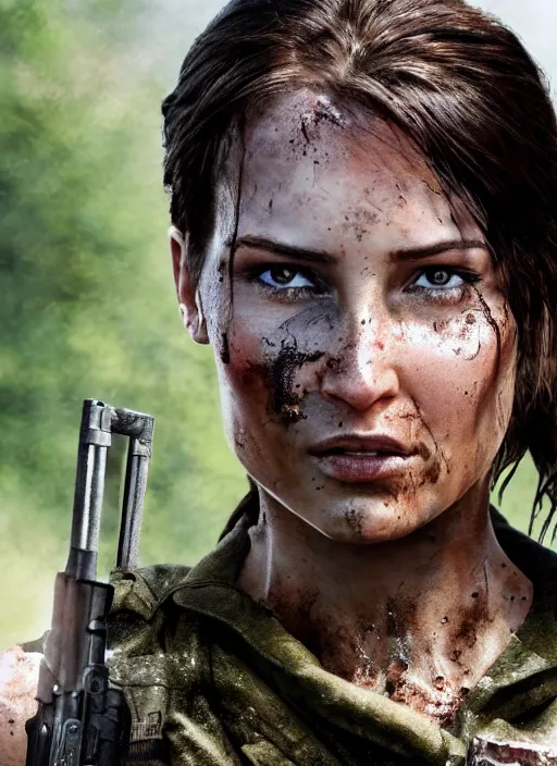 Prompt: a film still of lara croft as russian army, her face muddy and sweat, direct sun light, close up potrait, cinematic,