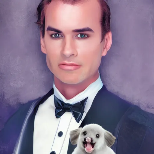 Image similar to photo realistic picture of fantasy butler that looks similar to michael kane, handsome, 4 k, oil painting filter, balding, well dressed, full body portrait, pet rat on shoulder