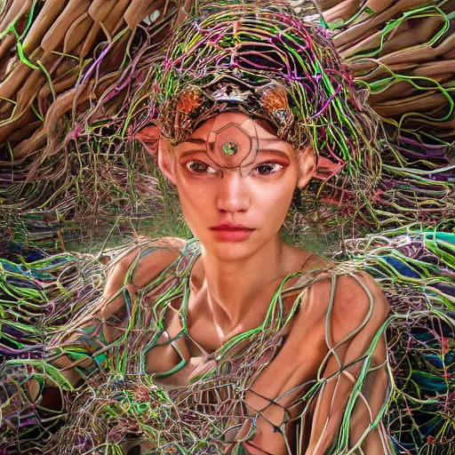 Image similar to swimming deeper into the multiverse, piles of modular synth cables mixed with mangrove roots, kawaii puerto rican goddess chilling out wearing a headpiece made of circuit boards, by cameron gray, wlop, stanley kubrick, masamune, hideki anno, jamie hewlett, unique perspective, trending on artstation, 3 d render, vivid
