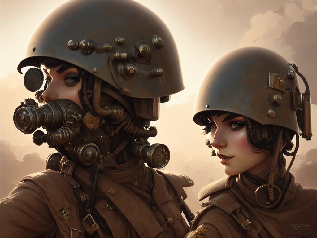 Image similar to portrait of dieselpunk soldier girl, helmet, stormy sandy desert, armored, highly detailed, digital painting, face detail, sharp focus, art, illustrations by loish and ayanamikodon and irakli nadar and rossdraws and wlop