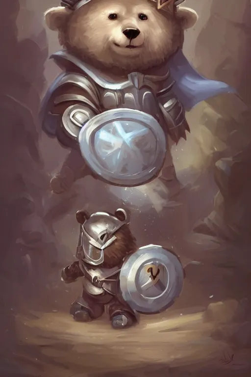 Image similar to cute little anthropomorphic bear knight wearing a cape and a crown, tiny, small, miniature bear, baby animal, short, pale blue armor, cute and adorable, pretty, beautiful, DnD character art portrait, matte fantasy painting, DeviantArt Artstation, by Jason Felix by Steve Argyle by Tyler Jacobson by Peter Mohrbacher, cinematic lighting