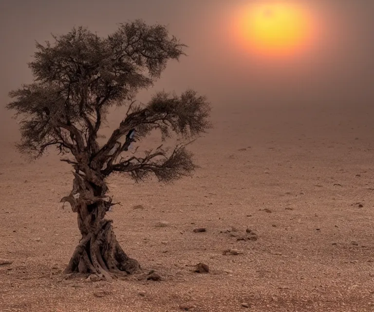 Image similar to an isolated ancient tree in the middle of a barren dessert, bleak, sandy, foggy, sunrise, dreary