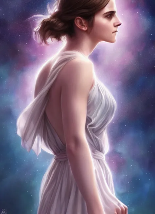 Image similar to emma watson as nature magic celestial, top down pose, long hair, soft pink and white transparent cloth, space, D&D, shiny background, intricate, elegant, highly detailed, digital painting, artstation, concept art, smooth, sharp focus, illustration, artgerm, bouguereau