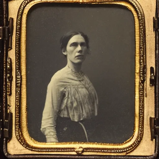 Prompt: a late 1 9 th century, thirtysomethins years old, austro - hungarian, hunchbacked woman ( with wart and messy, brown hair, bun, looks similar to cate blanchett ), daguerreotype by emil rabending