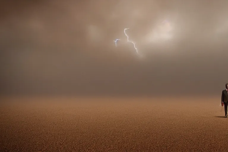 Image similar to a cinematic le photograph of a man dressed in a business suit trekking through a desert, dust storm, thunder and lightning, lee madgwick and zack snyder, 8 k, hd, high resolution, 3 5 mm, f / 3 2, tenet