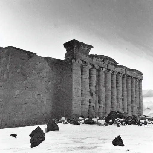 Prompt: photographs of secret 1 9 4 0's expedition to antarctica featuring ancient ruins