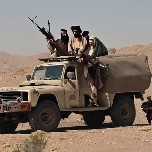 Image similar to the Taliban riding on top of Tow Mater with a mounted machine gun