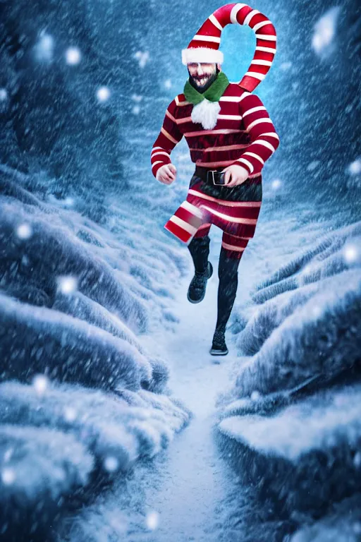 Image similar to a man running through a snowy christmas fantasy landscape, giant candy canes, colorful magic effects, olive skin, portrait, male, sharp focus, digital art, concept art, dynamic lighting, by emylie boivin and rossdraws