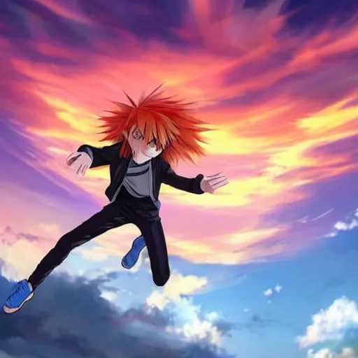 Image similar to orange - haired anime boy, 1 7 - year - old anime boy with wild spiky hair, wearing red jacket, flying through sky, ultra - high jump, late evening, blue hour, cirrus clouds, pearly sky, ultra - realistic, sharp details, subsurface scattering, blue sunshine, intricate details, hd anime, 2 0 1 9 anime