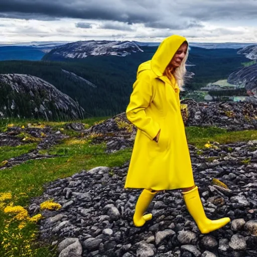 Prompt: Beautiful blonde woman dressed in yellow raincoat and yellow rubber boots walks down the mountain slope full of stones in Finland