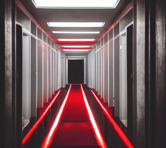 Image similar to spooky photo of an infinite hallway with open lit doorways all the way down, dramatic lighting, smoke, ceiling fluorescent lighting, black and red colour palette