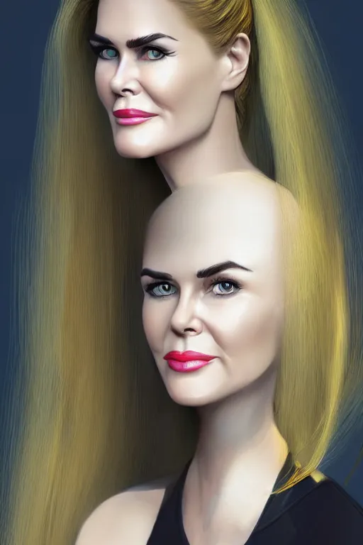 Image similar to mix of beautiful young maria shriver, mariel hemmingway, brooke shields, nicole kidman and elle macpherson as an alien creature, thin lips, hair tied up in a pony tail, dark blonde hair, colorful, artstation, cgsociety