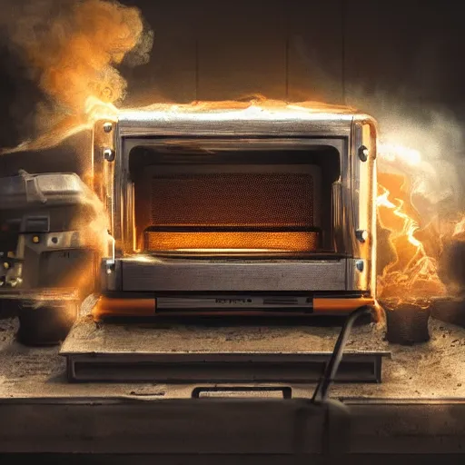 Prompt: head of toaster oven mecha, dark messy smoke - filled cluttered workshop, dark, dramatic lighting, orange tint, cinematic, highly detailed, sci - fi, futuristic, movie still