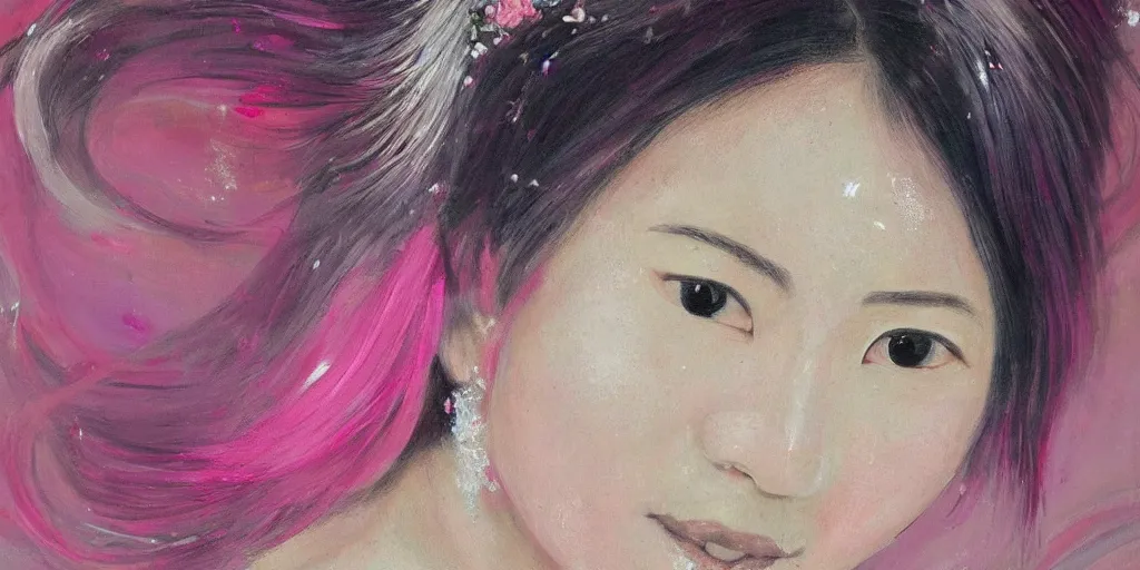 Prompt: a portrait of a very beautiful young asian goddess, seductive smile, with pink and grey hair radiating swirling paint and impasto, and intricate halo