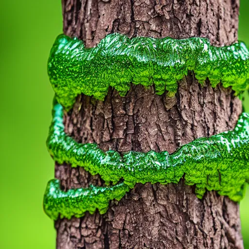 Prompt: green crystals growing out of a tree, complex form, 40nm, shallow depth of field, split lighting, 4k,