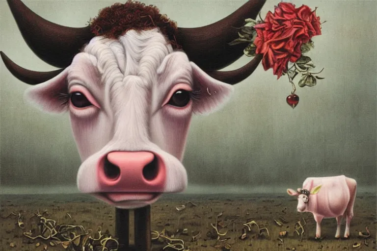 Prompt: 'Wherever you go, a cow is always watching you', by Mark Ryden