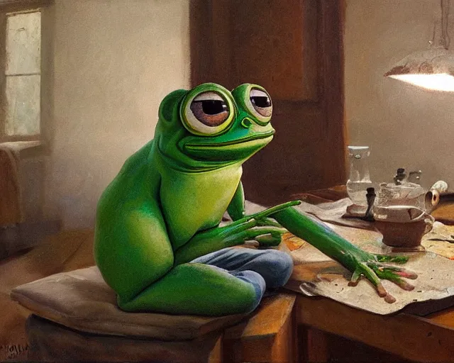 Image similar to an exhausted painter in his studio painting a picture of a pepe the frog - key lighting, soft lights, foggy, by steve hanks, by lisa yuskavage, by serov valentin, by tarkovsky, 8 k render, detailed, oil on canvas