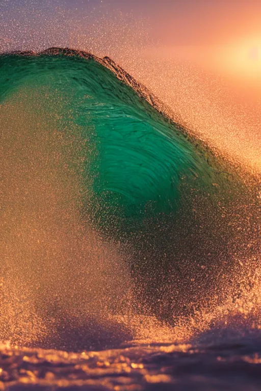 Image similar to Photo Print of a Wave, golden hour, summer, volumetric lighting, award winning, high resolution.