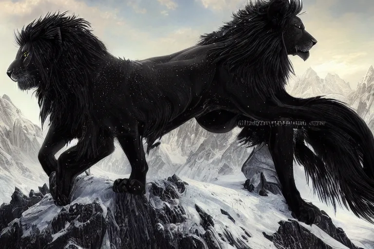 Prompt: Magnificent black lion with wings on a beautiful fantasy landscape, mountainside, winter, dusk, HD, illustration, epic, D&D, fantasy, intricate, elegant, highly detailed, digital painting, artstation, concept art, smooth, sharp focus, illustration, wallpaper, art by artgerm and greg rutkowski and alphonse mucha and jin xiaodi