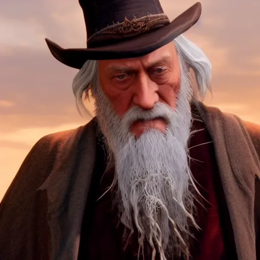 Prompt: Film still of Professor Dumbledore, from Red Dead Redemption 2 (2018 video game)