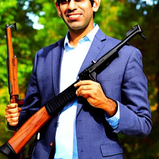 Prompt: Medium shot photograph of Rishi Sunak politician holding an AK-47, 8k, ultrahd