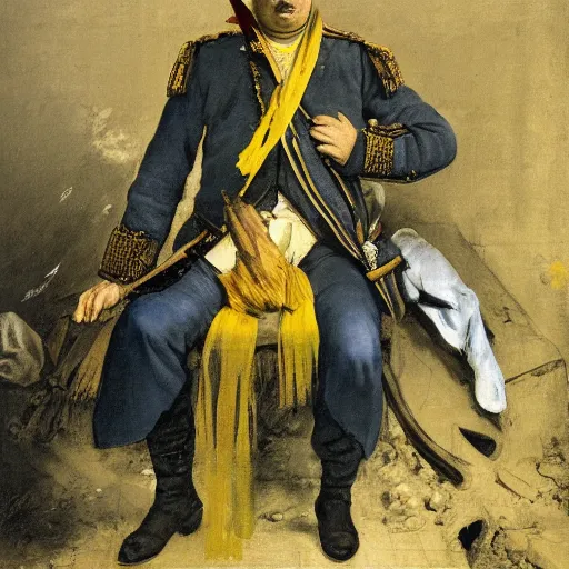 Image similar to Volodymyr Zelensky at war, dressed like Napoleon Bonaparte, his clothes are torn and dirty, he is sitting between dead corpses and weeping, holding a half burnt blue and yellow flag of Ukraine, by Francisco Goya