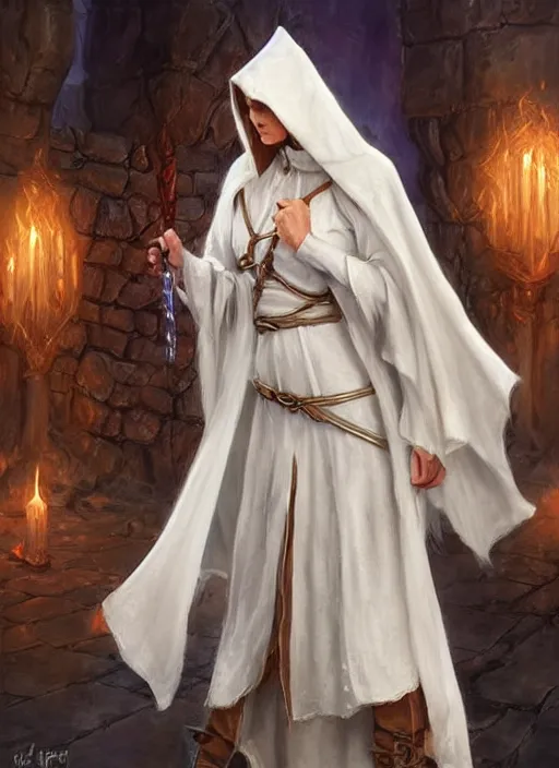 Prompt: female priest in white cloak, ultra detailed fantasy, dndbeyond, bright, colourful, realistic, dnd character portrait, full body, pathfinder, pinterest, art by ralph horsley, dnd, rpg, lotr game design fanart by concept art, behance hd, artstation, deviantart, hdr render in unreal engine 5