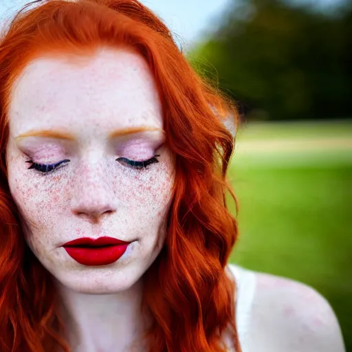 Prompt: close up hald face portrait photograph of a redhead woman with stars in her irises, deep red lipstick and freckles. Wavy long hair. she looks directly at the camera. Slightly open mouth, face covers half of the frame, with a park visible in the background. 135mm nikon. Intricate. Very detailed 8k. Sharp. Cinematic post-processing. Award winning portrait photography