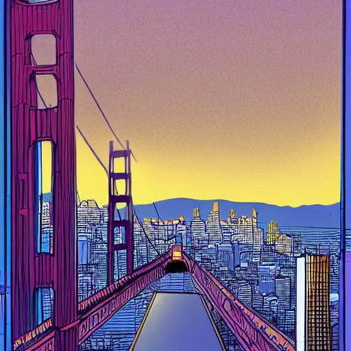 Image similar to an illustration of san fransisco in the style of moebius