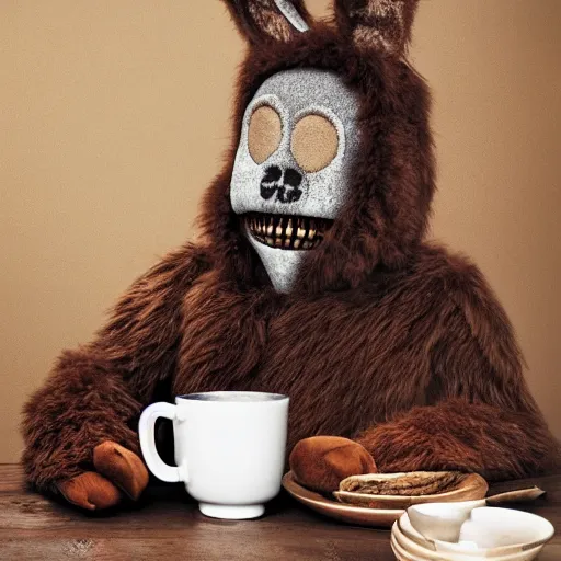 Image similar to a fluffy brown rabbit muppet wearing monk garb and a wolf skull as a mask and sat beside a cup of tea, photorealistic, nature, photography, national geographic, sesame street