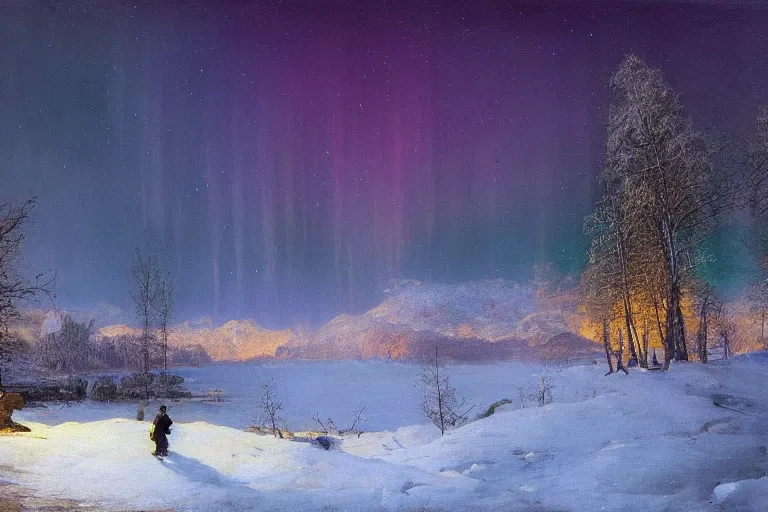 Image similar to beautiful nature, winter, night, norhtern lights, aurora borealis, hyperdetailed, focused, cinematic lighting, oil painting, colorful, canvas, artstation, Albert Bierstadt, Hans Dahl, Theodor Kittelsen, Hermann Hendrich, Konstantin Yakovlevich Kryzhitsky