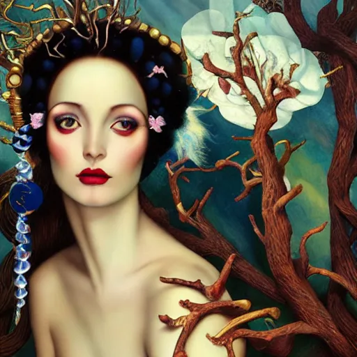 Prompt: dynamic composition, woman with white hair of ( thin winter tree branches )!! and ( holly branches ) wearing ornate earrings, ornate gilded details, a surrealist painting by tom bagshaw and jacek yerga and tamara de lempicka and jesse king, wiccan, pre - raphaelite, featured on cgsociety, pop surrealism, surrealist, dramatic lighting