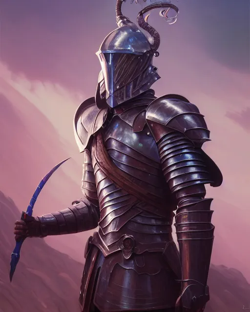 Image similar to highly detailed vfx portrait of a fantasy knight, stephen bliss, unreal engine, greg rutkowski, loish, rhads, beeple, makoto shinkai and lois van baarle, ilya kuvshinov, rossdraws, tom bagshaw, alphonse mucha, global illumination, detailed and intricate environment