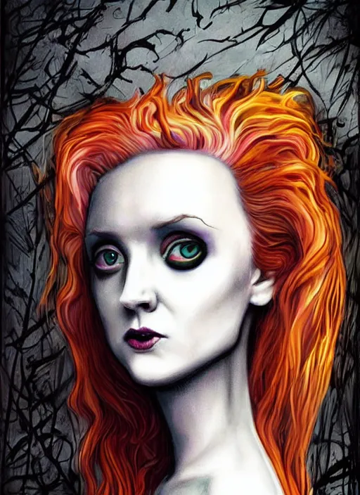 Image similar to surrealism grunge cartoon portrait sketch of lily cole as delirium of the endless from the sandman, by michael karcz, alex ross, brian bolland, horror theme, detailed, elegant, intricate