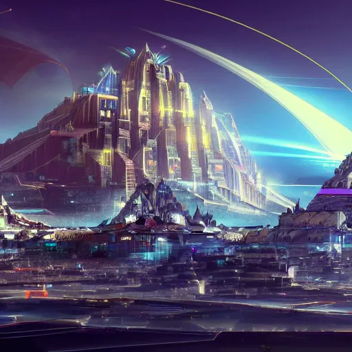 Image similar to a scene of the beautiful intricate epic futuristic pharaoh city with a cyber sphinx, a clearly hovering cyber pyramid, hyper detailed, cinematic lighting