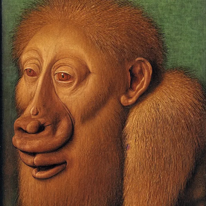 Prompt: close up portrait of a mutant monster creature with mandrill - like nose, baldness, needles portruding through the cheeks, painted forehead, medusae beard. jan van eyck