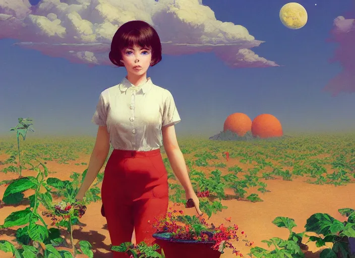 Prompt: gorgeous inspiring girl on the moon caring for tomato plants inside a crater filled with smoke, planet Earth in the sky by Craig Mullins, ilya kuvshinov, krenz cushart, artgerm trending on artstation by Edward Hopper and Dan Mumford and WLOP and Rutkovsky, carl spitzweg and moebius, Unreal Engine 5, Lumen, Nanite