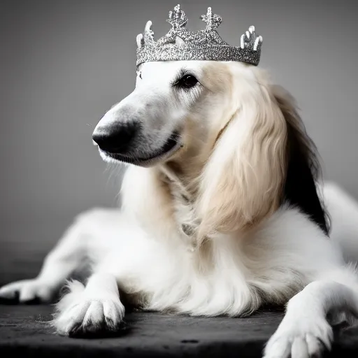 Prompt: A Borzoi Dog using a crown (EOS 5DS R, ISO100, f/8, 1/125, 84mm, postprocessed)