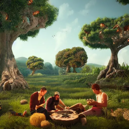 Image similar to a group of woobidoo\'s are playing with their dagnuggets by the jigidigi tree, detailed oil painting, a feeling of awe and inspiration, unreal engine 5