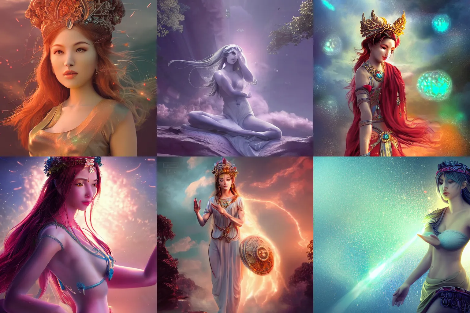 Prompt: a beautiful female goddess of mazda character, character is in all its glory, character is in her natural relaxed pose, rim lights, particles and dust in the air, fancy clouds, highly detailed professional photo, dynamic lights, particles are flying, depth of field, trending on artstation, illustration, hyper realistic, vray caustics, super detailed, colorful accents, cinematic shot