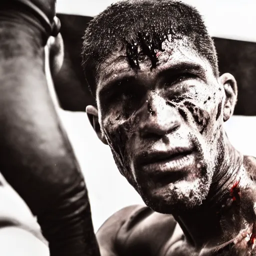 Image similar to close up portrait of boxer after boxing with brews blood sweating, photography photojournalism, very grainy image 120mm lens close up portrait