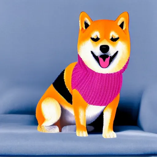 Prompt: portrait of a shiba inu wearing a bright 8 0 s sweater sitting on a couch