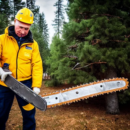 Image similar to putin with a chainsaw, cutting a tree. he wears a yellow safety helmet. canon eos r 3, f / 1. 4, iso 2 0 0, 1 / 1 6 0 s, 8 k, raw.