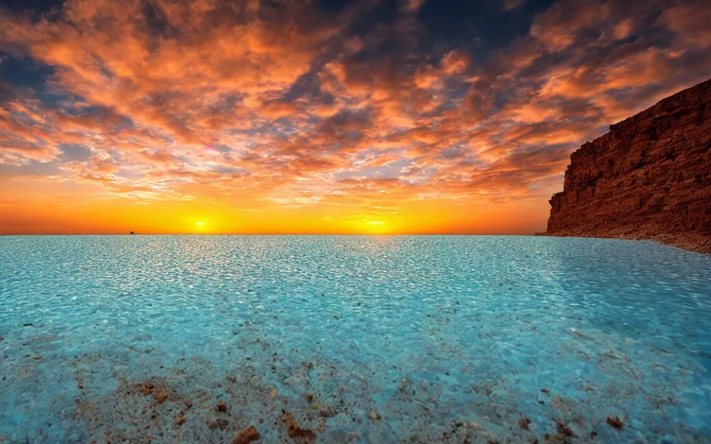 Prompt: the dead sea, beautiful sunset with colorful clouds, rays of sunshine, low angle, professional photo