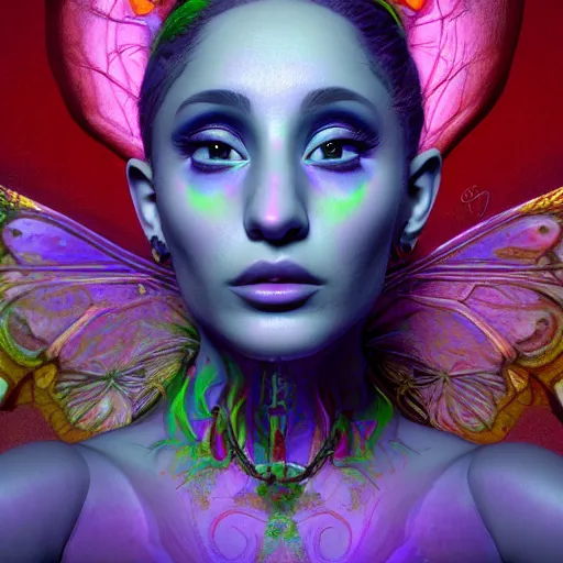 Image similar to Portrait of salvia trip faerie goddess Ariana Grande. Claymation. intricate abstract. intricate artwork. nightmare fuel. by Dave McKean. octane render, trending on artstation, greg rutkowski very coherent symmetrical artwork. cinematic, hyper realism, high detail, octane render, 8k, iridescent accents