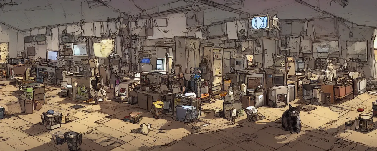 Image similar to wide angle of a cat field clinic, concept art out of the game borderlands, highly detailed