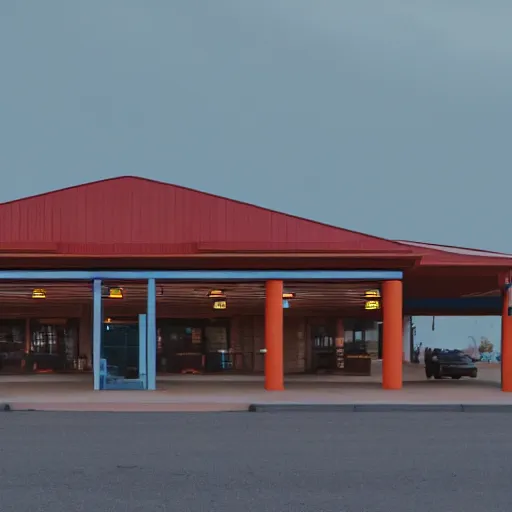 Image similar to cinematic still screenshot of the port byron travel plaza, shot by saul leiter, camera height 7 feet, moody cinematography, 2 4 mm anamorphic lens